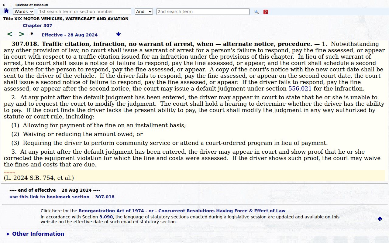 Missouri Chapter 307 warrant limitation